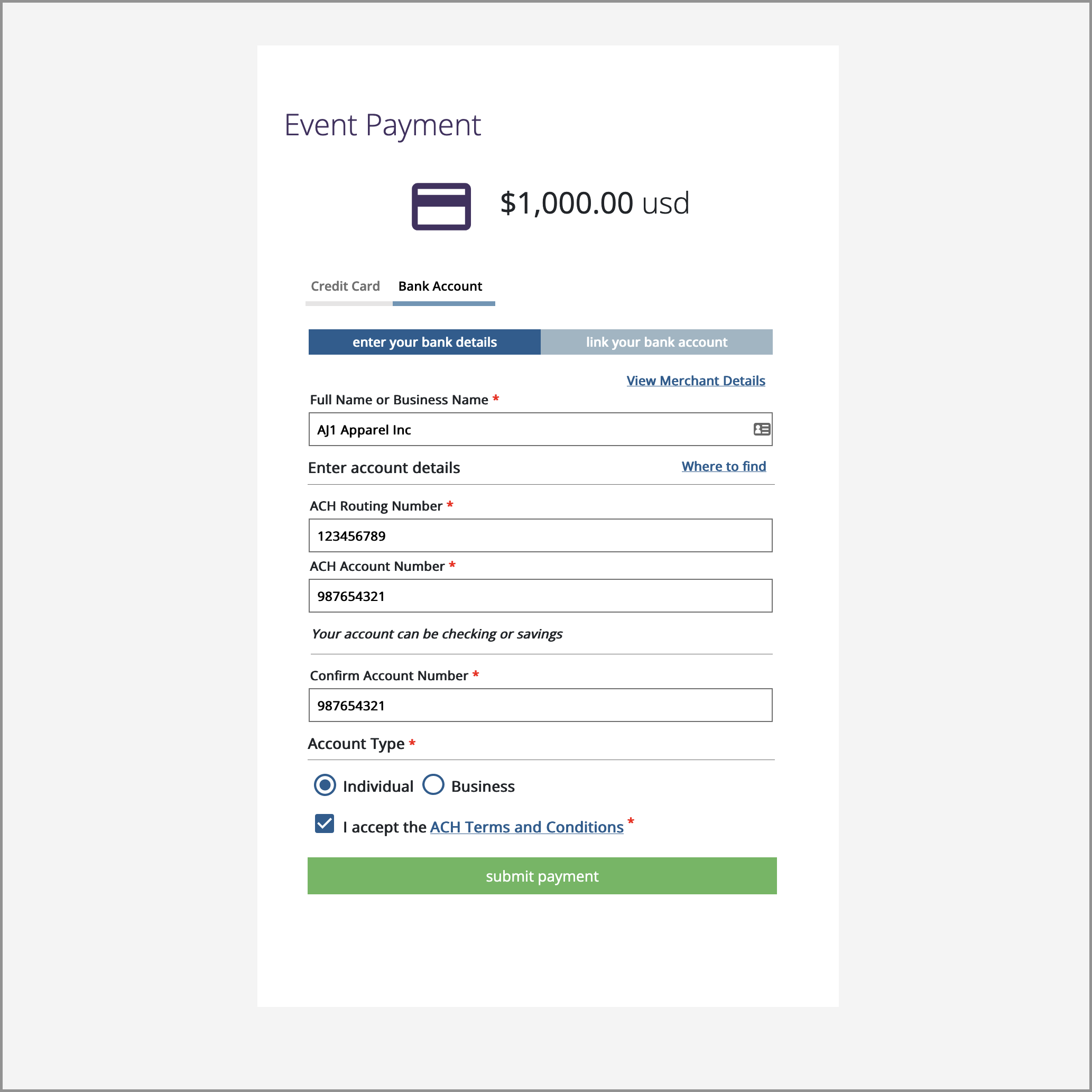An ACH, or bank account, payment screen in Sertifi Next Gen.