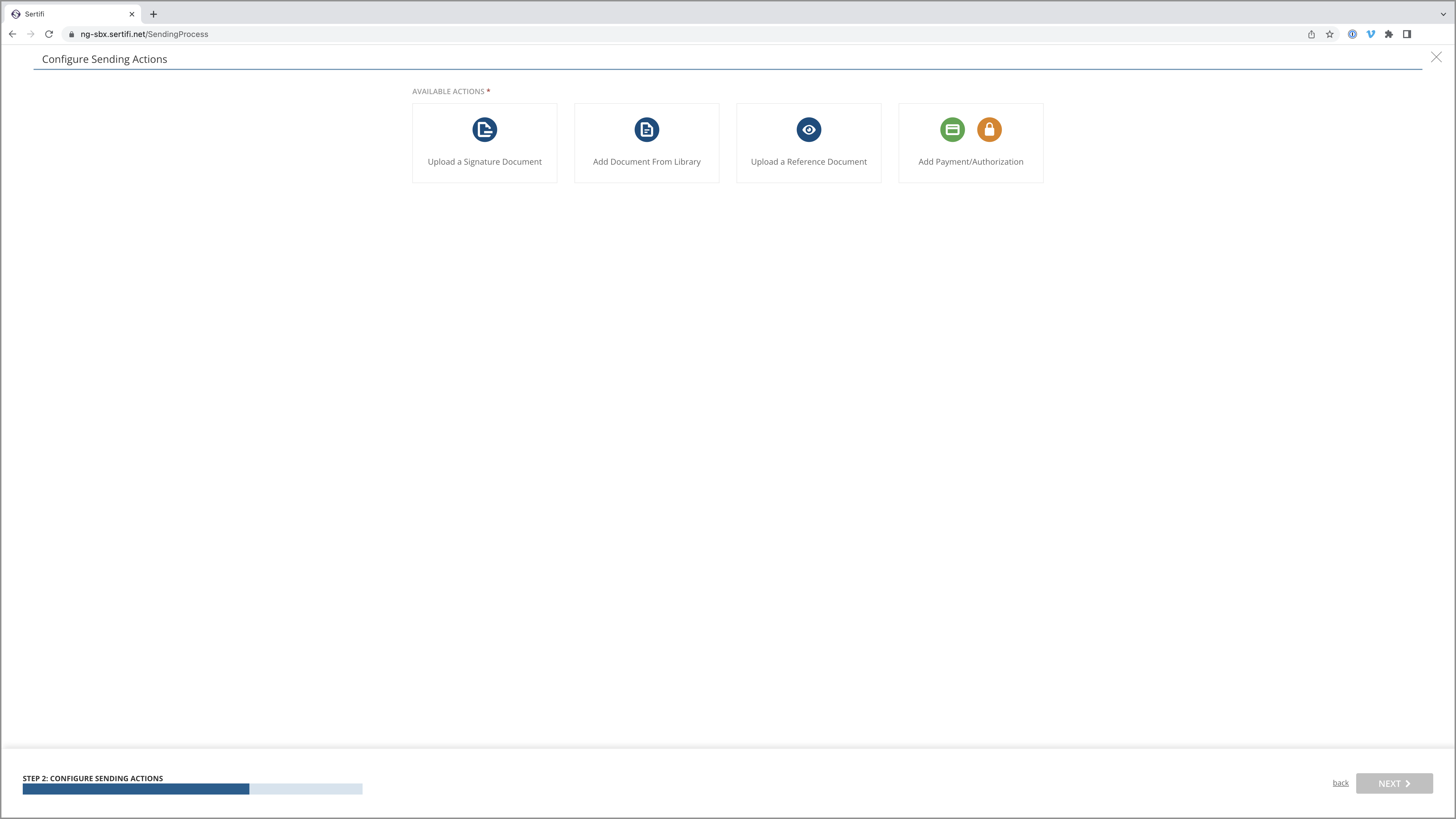The Configure Sending Actions page in a Next Gen Payment workflow.