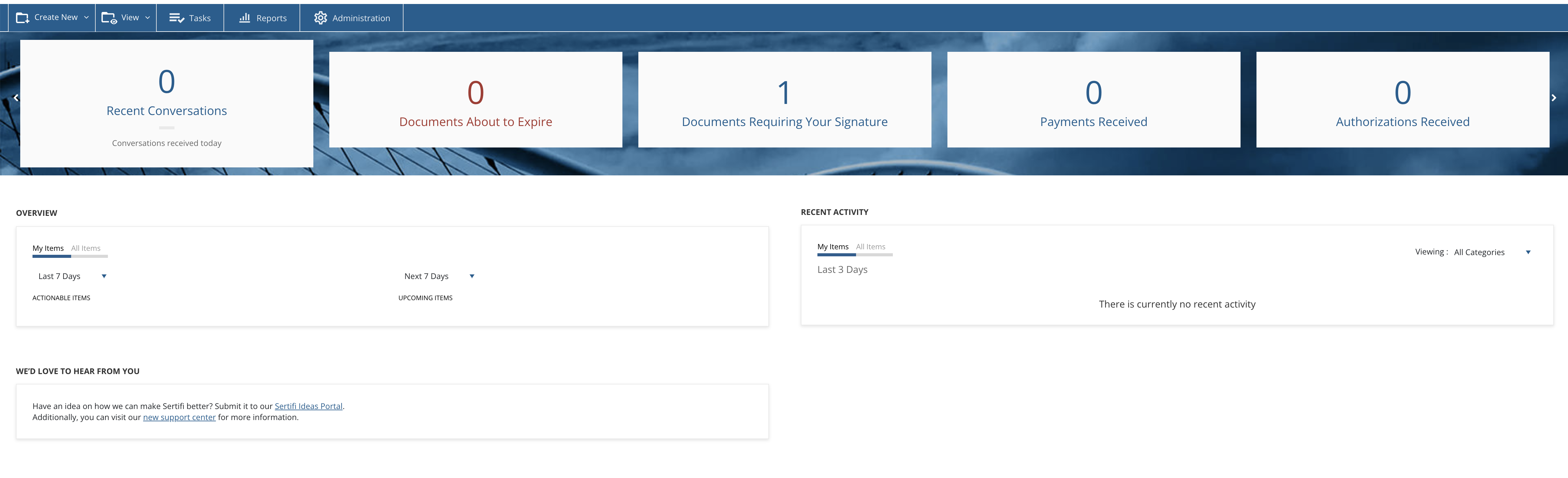The home page for a Sertifi Next Gen portal.